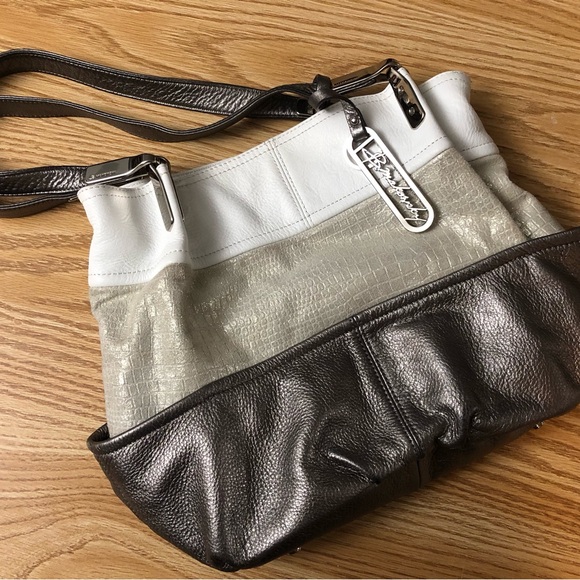 B. Makowsky Metallic Silver and Cream Shoulder Bag - Picture 1 of 6